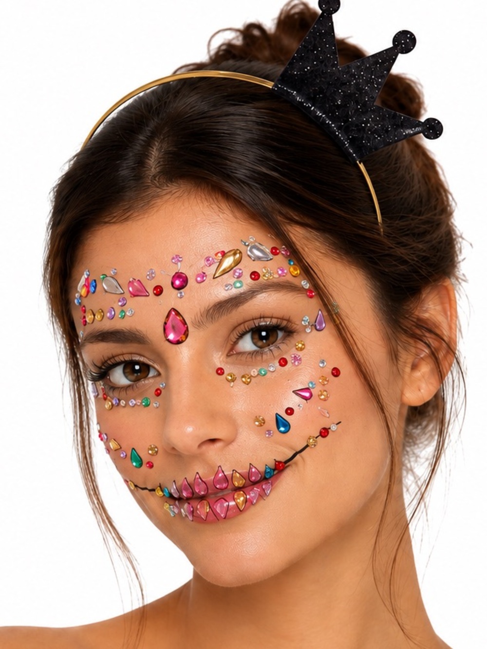 NEW - Face Gems Stickers & Black Glitter Crown Headband Halloween Costume Set
